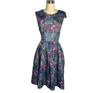 Vintage 60s Marta D Floral Dress Blue Pink Pleated Mad Men Large